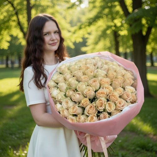 Букет из 101 кремовой розы "Шармант" (Размер L)