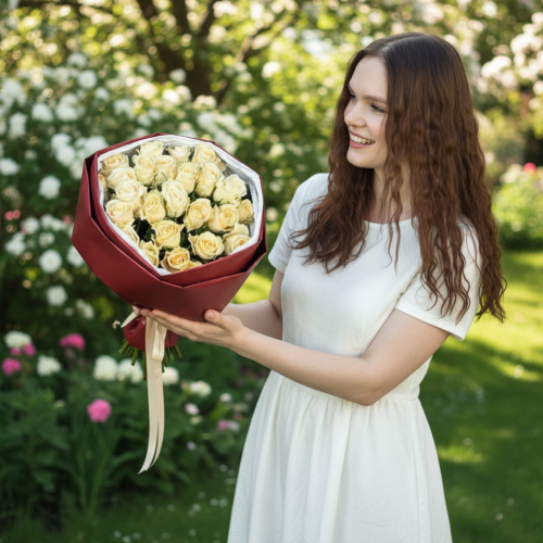 Букет из 25 кремовых роз "Шармант"  (Размер S)