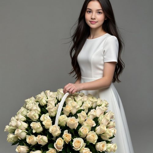 Шикарная корзина из 101 кремовой розы