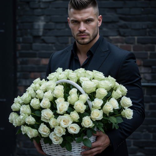 Корзина c белыми розами 101 шт